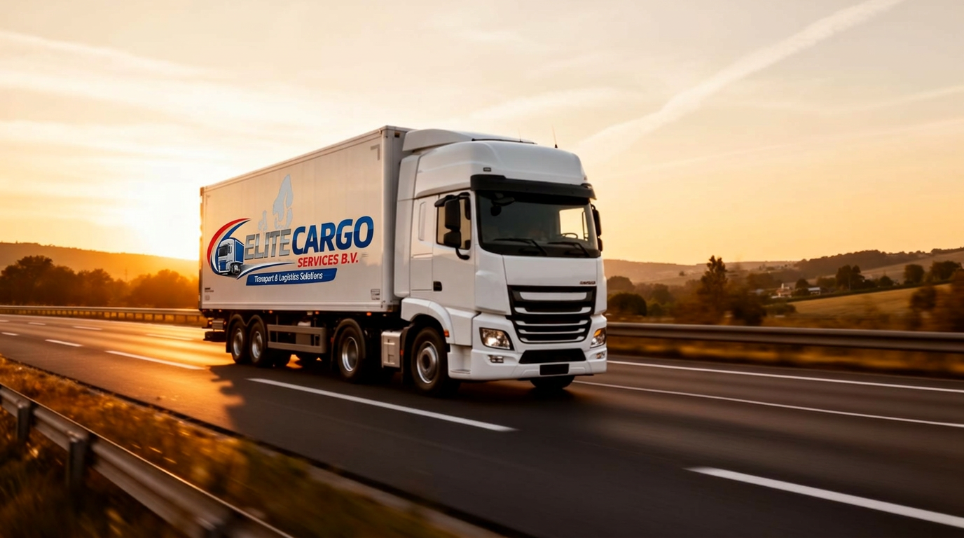 Elite Cargo vrachtwagen op de Europese snelweg bij zonsondergang